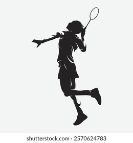  Silhouette of female badminton player doing jumping smash. Vector logo illustration.