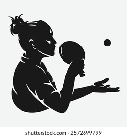 Silhouette of female badminton player doing serve. Ping pong athlete. Vector logo illustration.