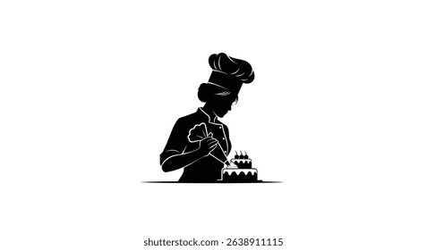 Silhouette: Female Baker Piping Frosting on Cake with Hat