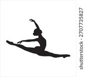 Silhouette of a female ballet dancer performing a split jump. Graceful, athletic pose against a white background. Dance and movement.