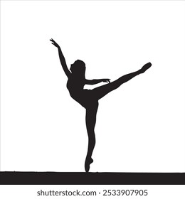 Silhouette of a female ballet dancer performing a graceful arabesque in stark contrast against a white background.