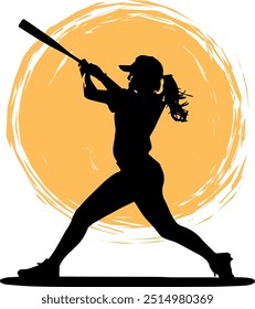 A Silhouette of a Female Baseball Player mid-swing with a Baseball bat, set against an Orange Sunburst Background.