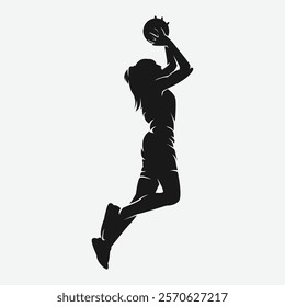 Silhouette of female basketball player. Athlete doing slam dunk. Vector logo illustration.