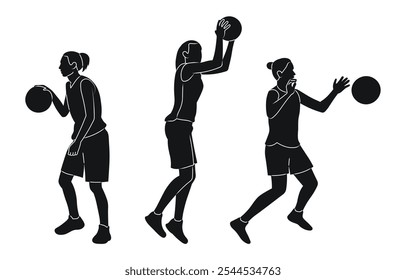 Silhouette of a female basketball player jumping put the ball. Girl basketball silhouette