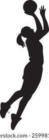 Silhouette of a female basketball player in mid air jump shot.