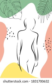 Silhouette female black contour and contours of tropical palm leaves in a simple modern style. Orange green yellow spots. Vector illustration isolated on white background.