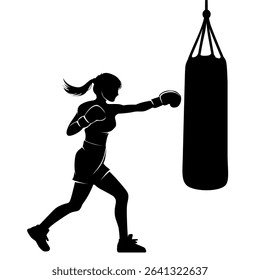 silhouette of female boxer hitting punching bag. boxing sport, fighter. isolated on white background. vector illustration.