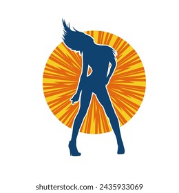 Silhouette of a female dancer in action pose. Silhouette of a slim woman in dancing pose.