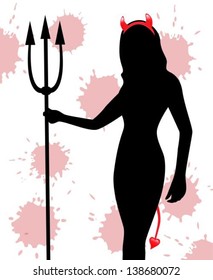 silhouette of a female devil with a trident with red horns and a tail on a background splashed