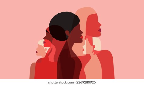 silhouette female diverse faces of different ethnicity. March 8 International women day and the feminist movement for independence, freedom, and activism for woman rights, flat vector illustration