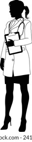Silhouette female doctor woman medical healthcare person. In a lab coat and holding a clipboard.