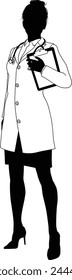 Silhouette female doctor woman medical healthcare person. In a lab coat and holding a clipboard.