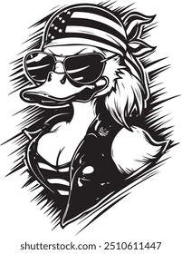  silhouette of female duck dressed in a patriotic style. The duck sports an Americanflag bandana and stylish aviator sunglasses, exuding a rebel spirit