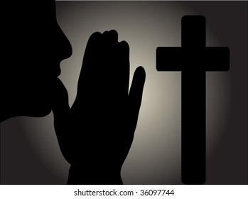 Silhouette of female face, hands and crucifix