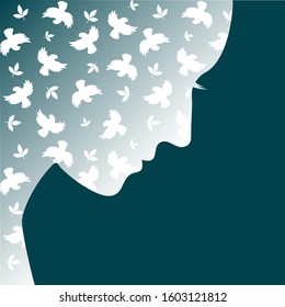 Silhouette of a female face with white patterns of birds. abstraction on the theme of nature and beauty. Vector illustration.
