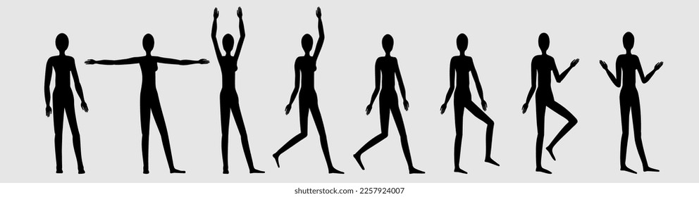 Silhouette of a female figure in different poses, set of 1, standing figure , different positions of legs and arms, manequin suitable for clothing designs