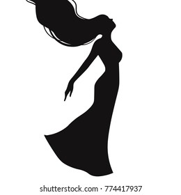 Silhouette of a female figure, hair fluttering in waves. Woman in evening dress.