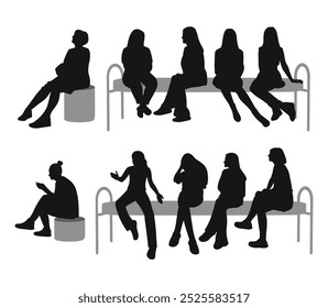 Silhouette of female figures, waiting, queue