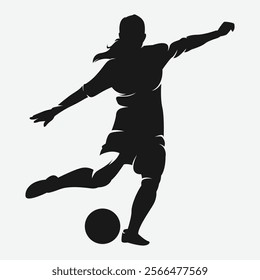 Silhouette of female football player, soccer athlete kicking the ball. Vector logo illustration.