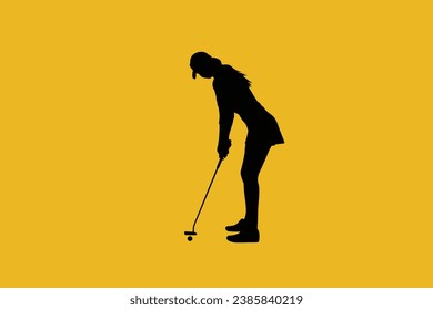 Silhouette of female golfer. Golfer. People playing golf in flat style, isolated on yellow background. Symbols for designing your website, logo, apps, publications.