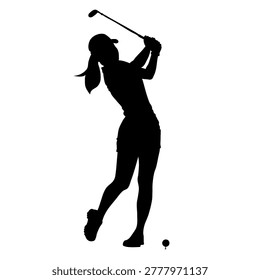 A silhouette of a female golfer in the process of swinging a golf club, with a golf ball visible on the tee.