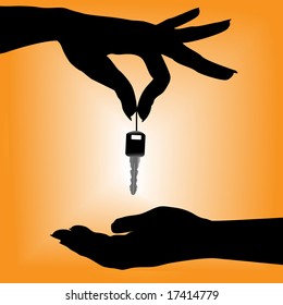 A silhouette female hand holds an auto key over a cupped hand against an orange background.