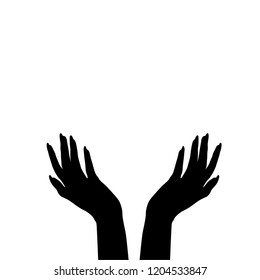 Silhouette female hand with nails, top view, vector silhouettes, black color, isolated on white background