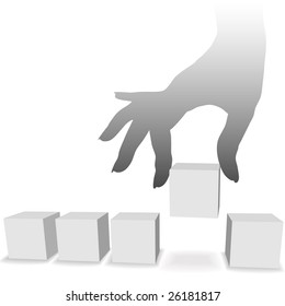 A silhouette female hand picks up a box or cube from a row of boxes as copyspace.