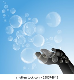 Silhouette of female hands with soap bubbles. Vector illustration.