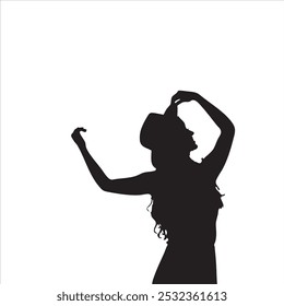 Silhouette of a female with a hat against a white background, arms gracefully raised.