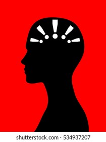 Silhouette of a female head with exclamation marks on a red background