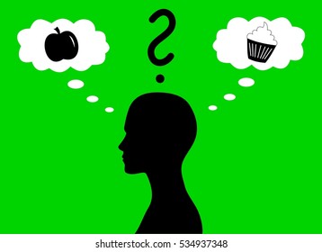 Silhouette of a female head with food bubbles on a green background with a question mark