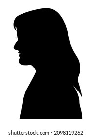 Silhouette of a female head with long hair and a large nose on a white background