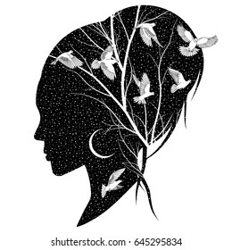 Silhouette Of A Female Head With The Night Sky, Moon, Branches And Birds