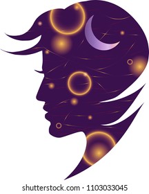 Silhouette of a female head with a night starry sky, a moon and meteorites. EPS 10. Fairytale vector illustration.