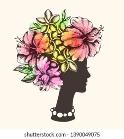 Silhouette of a female head, tropical flowers and watercolor texture. Vintage style. Hand drawn vector illustration. Design for beauty salon.