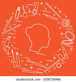 Silhouette of female head and various accessories for the application of decorative cosmetics. Glamour fashion vogue style.