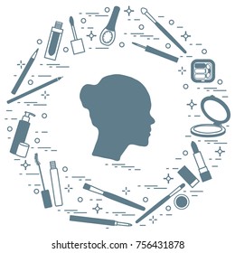 Silhouette of female head and various accessories for the application of decorative cosmetics. Glamour fashion vogue style.