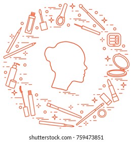 Silhouette of female head and various accessories for the application of decorative cosmetics. Glamour fashion vogue style.