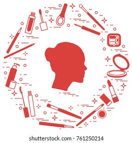 Silhouette of female head and various accessories for the application of decorative cosmetics. Glamour fashion vogue style.