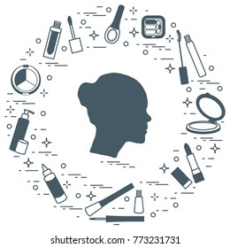 Silhouette of female head and various accessories for the application of decorative cosmetics. Glamour fashion vogue style. 