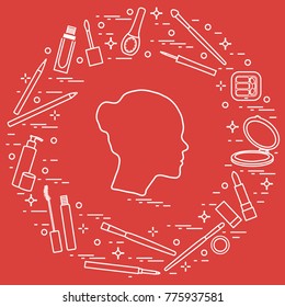 Silhouette of female head and various accessories for the application of decorative cosmetics. Glamour fashion vogue style.