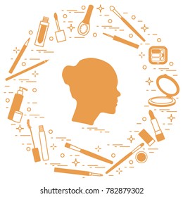 Silhouette of female head and various accessories for the application of decorative cosmetics. Glamour fashion vogue style.