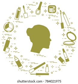 Silhouette of female head and various accessories for the application of decorative cosmetics. Glamour fashion vogue style. 