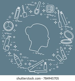 Silhouette of female head and various accessories for the application of decorative cosmetics. Glamour fashion vogue style. 