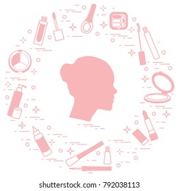 Silhouette of female head and various accessories for the application of decorative cosmetics. Glamour fashion vogue style. 