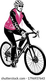 Silhouette of female with helmet riding on a bike isolated on white background