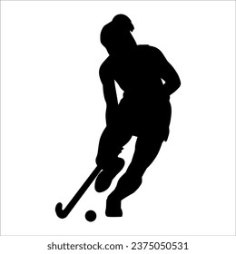 Silhouette of a female hockey player in action pose. Silhouette of a woman athlete of hockey sport.