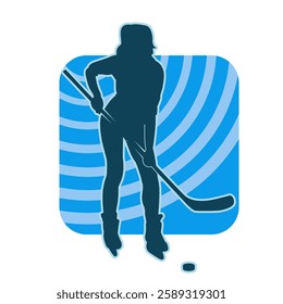 silhouette of a female hockey player in action. Sulhouette of a sporty woman in hockey player costume