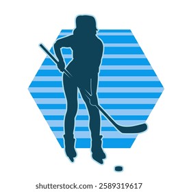 silhouette of a female hockey player in action. Sulhouette of a sporty woman in hockey player costume